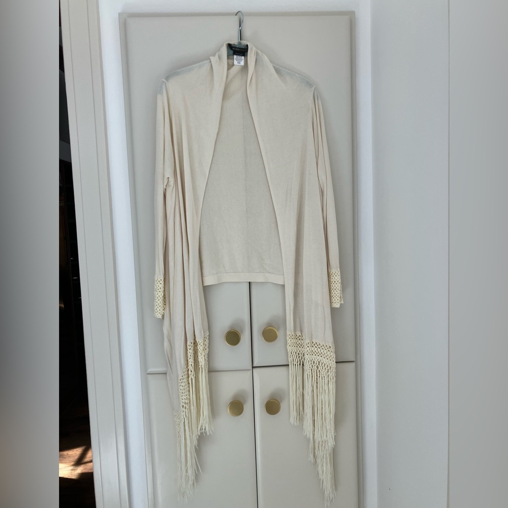 BCBGMaxAzria Ivory Knit Cardigan with fringe and crochet details
